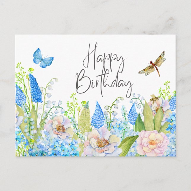 Happy Birthday Beautiful Watercolor Wildflowers Postcard (Front)