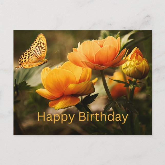 Happy Birthday Beautiful Yellow Flowers, Butterfly Postcard (Front)