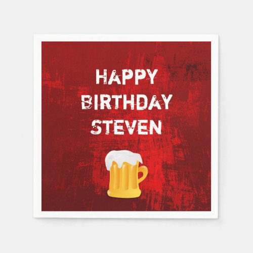 Happy Birthday Beer Mug on Grunge Red Abstract Paper Napkins