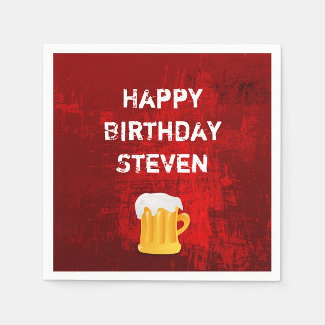 Happy Birthday Beer Mug on Grunge Red Abstract Paper Napkins (Front)