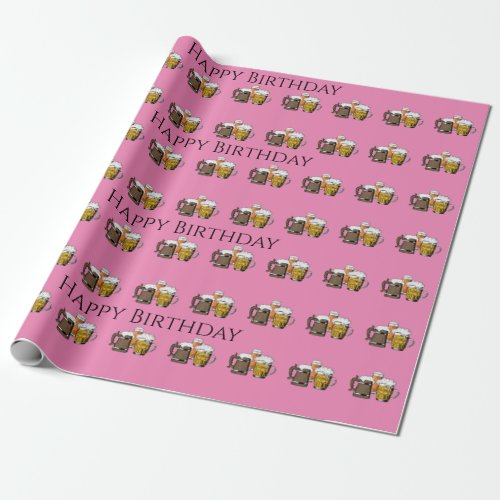 Happy Birthday BEERS  CHEERS Fun Cartoon PINK Wrapping Paper