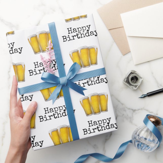 Happy Birthday Beers On White Wrapping Paper (Gifting)