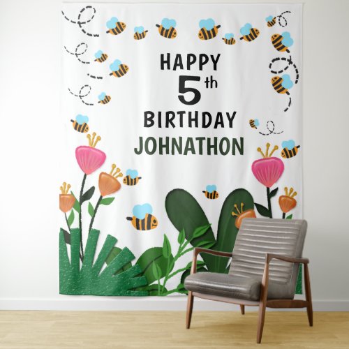 Happy Birthday Bees Flowers Garden Backdrop