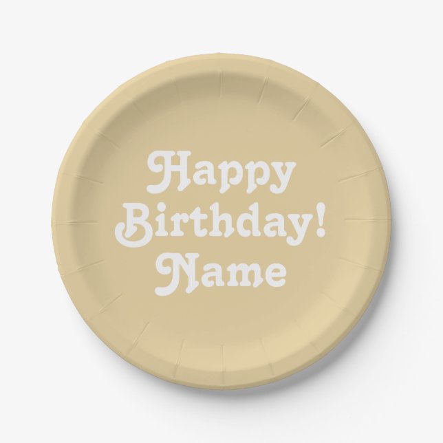 Happy birthday beige custom name photo background paper plates (Front)