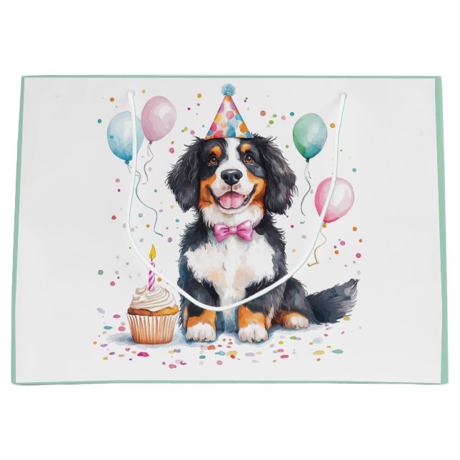 Happy Birthday Bernese Mountain Dog Large Gift Bag (Front)