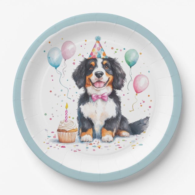 Happy Birthday Bernese Mountain Dog Paper Plates (Front)