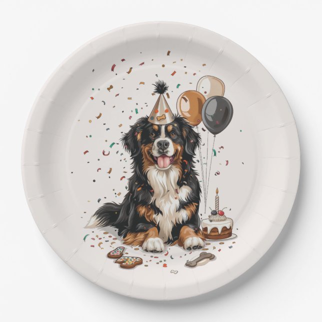 Happy Birthday Bernese Mountain Dog Paper Plates (Front)