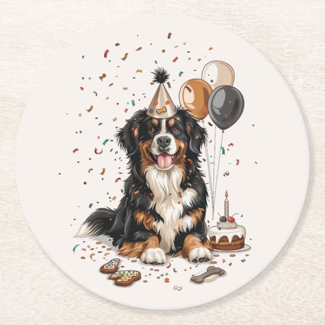 Happy Birthday Bernese Mountain Dog Round Paper Coaster (Front)