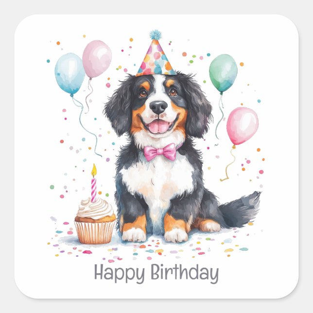 Happy Birthday Bernese Mountain Dog Square Sticker (Front)