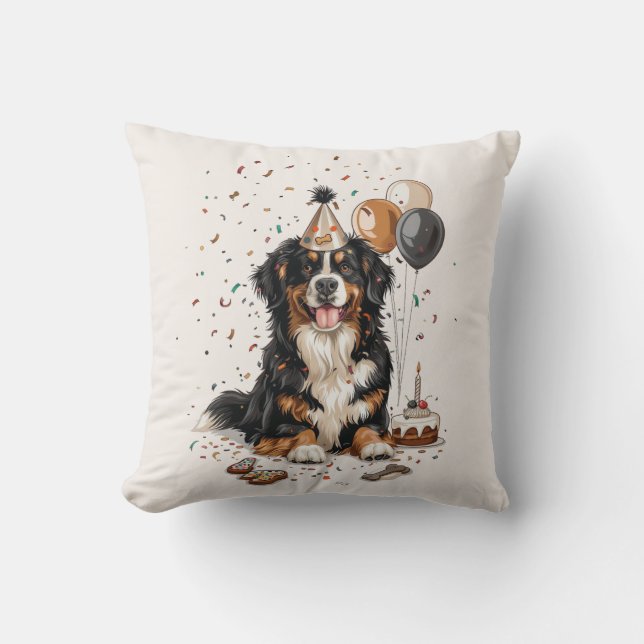 Happy Birthday Bernese Mountain Dog Throw Pillow (Front)