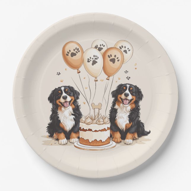 Happy Birthday Bernese Mountain Dogs Paper Plates (Front)