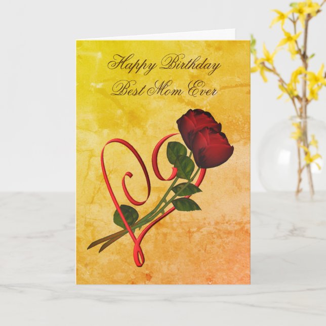 Happy Birthday Best Mom Red Roses Heart  Card (Yellow Flower)