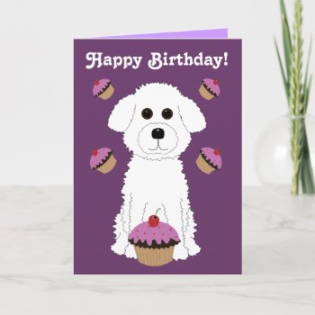 Happy Birthday Bichon With Purple Cupcakes Card by totallypainted at Zazzle