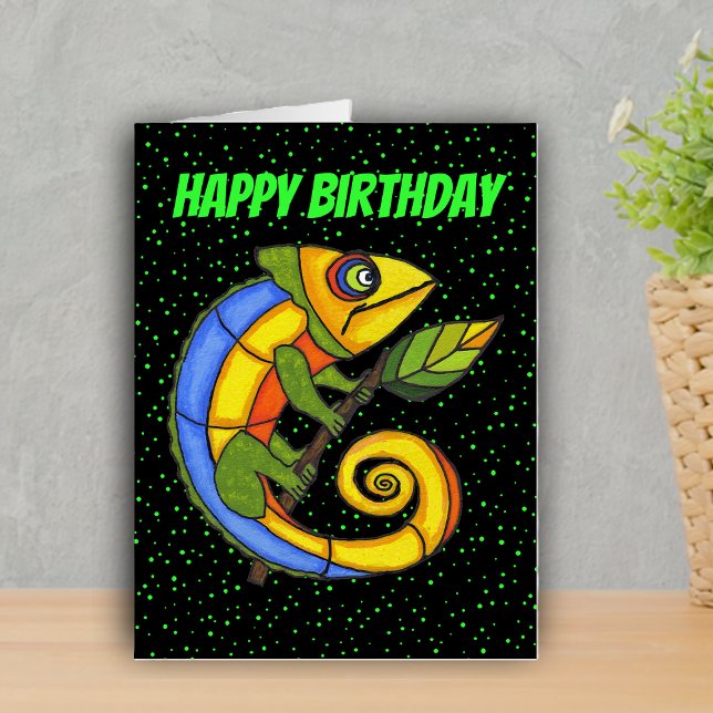 Happy Birthday Big Happy Colorful Lizard Dots Card (Oversized Happy Birthday greeting card colourful fun lizard green dots on black.)