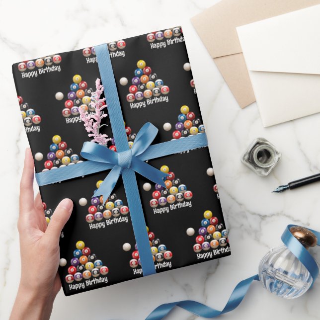 Happy Birthday Billiard Balls On Black Wrapping Paper (Gifting)