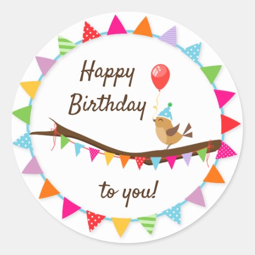 Happy Birthday Bird and Baloons Classic Round Sticker