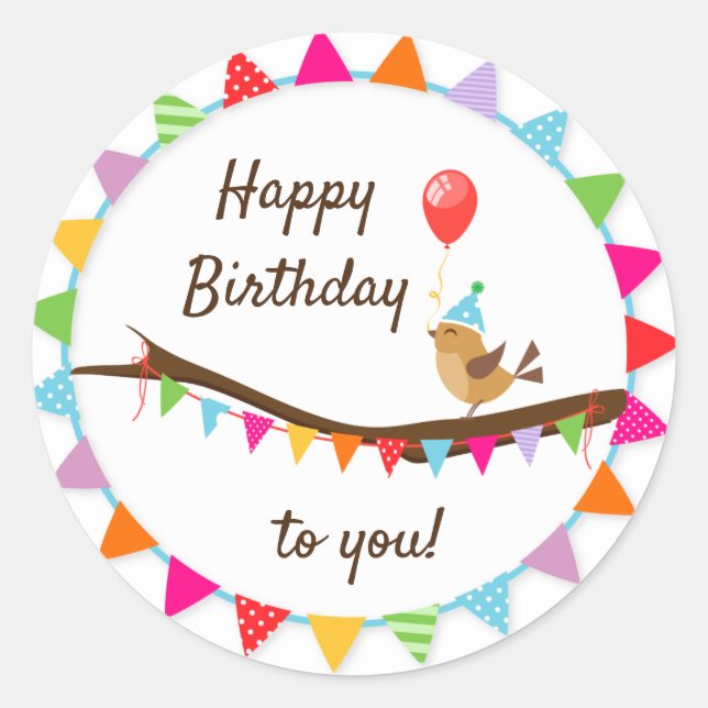 Happy Birthday Bird and Baloons Classic Round Sticker (Front)