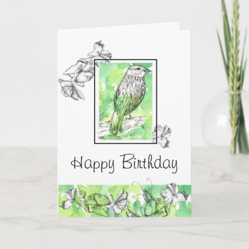 Happy Birthday Bird Drawing Sweet Pea Flower Card