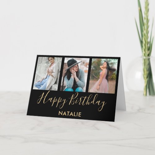 Happy Birthday Black and Gold 3 Photo Collage Card