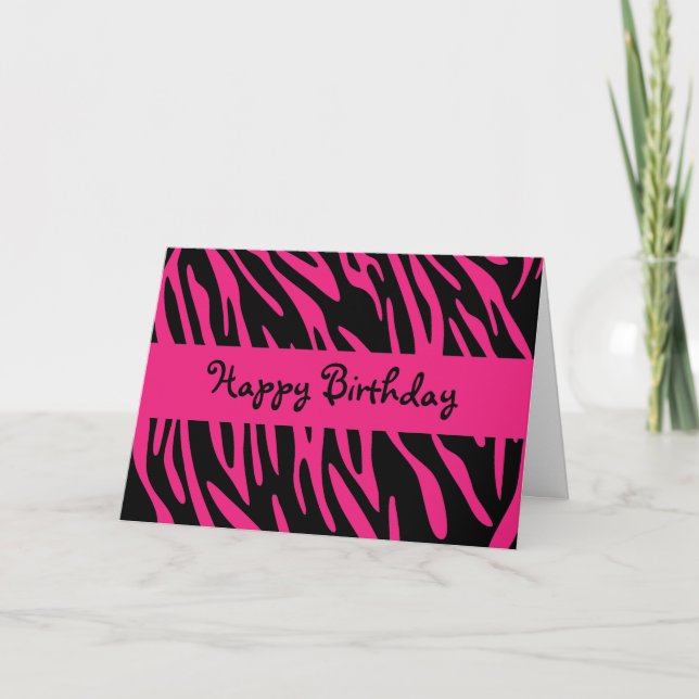 Happy Birthday Black and Pink Zebra Stripe Card (Front)
