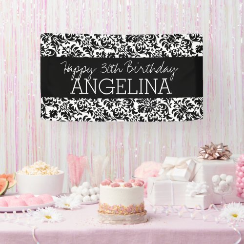 Happy Birthday Black and White Damask _ text Banner