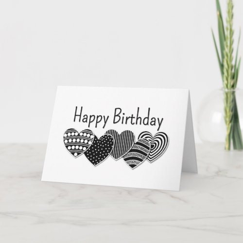Happy Birthday Black and White Decorative Hearts Card