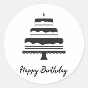 Happy Birthday Black And White Three Tier Cake Classic Round Sticker