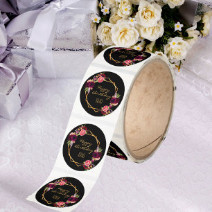Happy birthday black burgundy floral gold classic round sticker