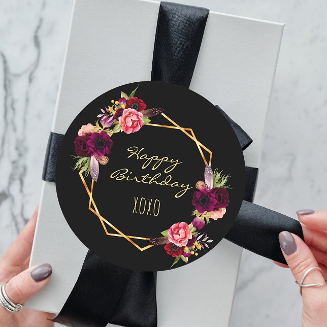 Happy birthday black burgundy floral gold classic round sticker (Creator Uploaded)