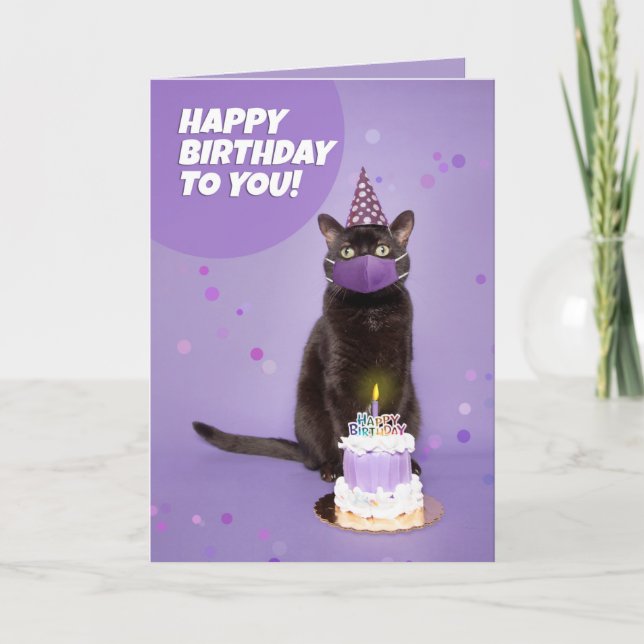Happy Birthday Black Cat in Pandemic Face Mask Holiday Card (Front)