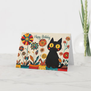 Happy Birthday Black Cat with Flowers Letterpress Thank You Card