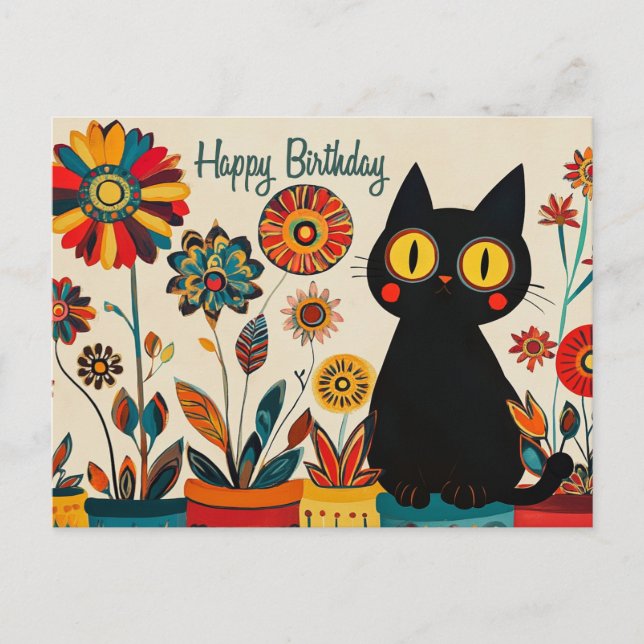 Happy Birthday Black Cat with Flowers Postcard (Front)
