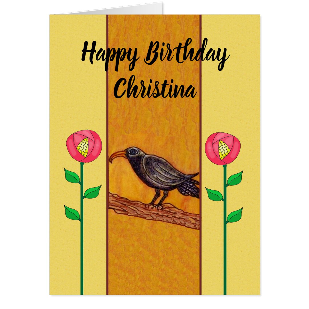 Happy Birthday Black Crow Red Flowers Yellow Card | Zazzle