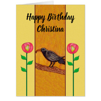 Happy Birthday Black Crow Red Flowers Yellow Card