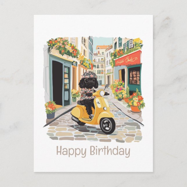 Happy Birthday Black Doodle Riding Scooter Postcard (Front)