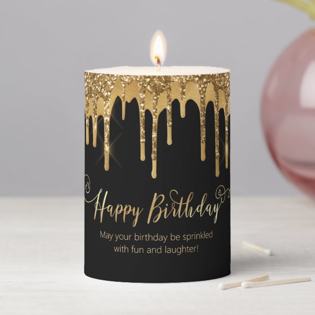happy birthday black gold dripping glitters luxury pillar candle (In Situ)