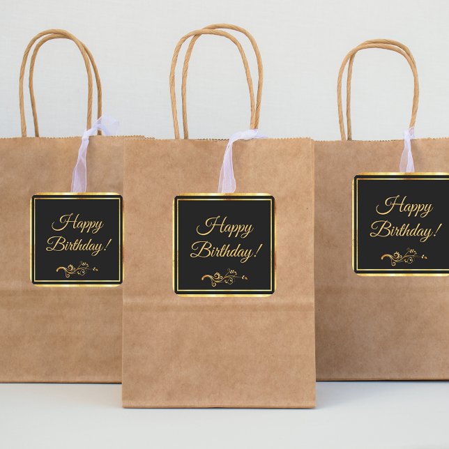 Happy Birthday black gold elegant guy Square Sticker (Creator Uploaded)