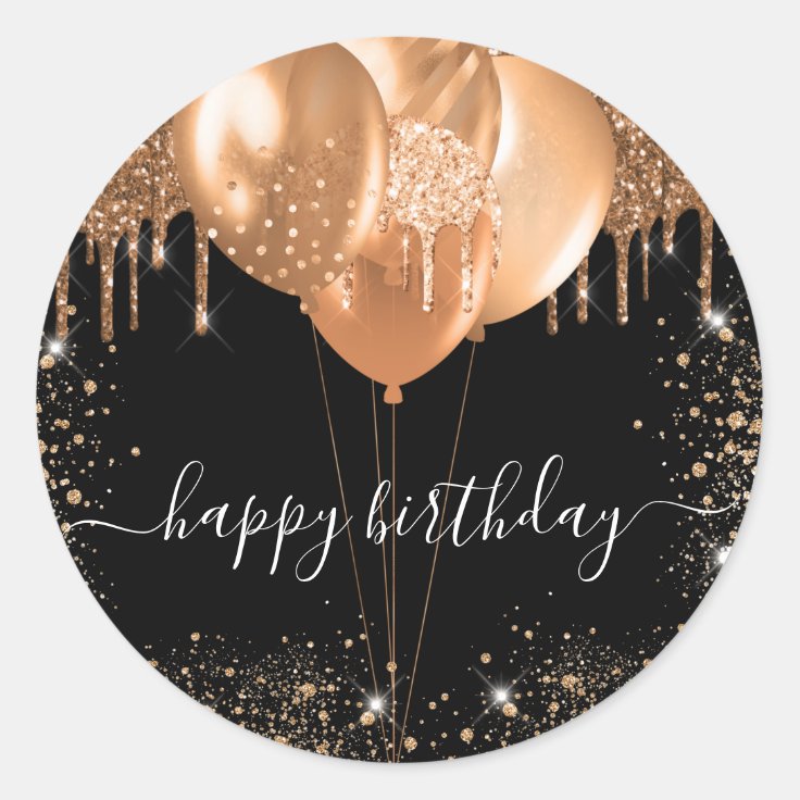 Happy birthday black gold glitter girl classic round sticker | Zazzle