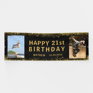 Happy Birthday Black & Gold Glitter Sparkle Party Banner