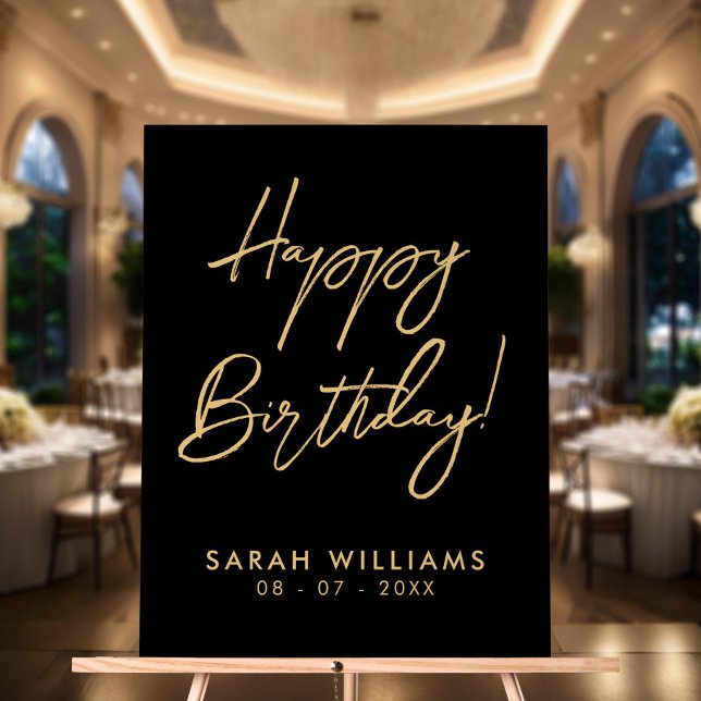 Happy Birthday Black Gold Modern Script Acrylic Sign (Creator Uploaded)