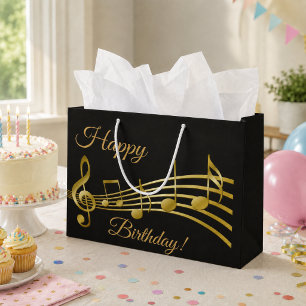 Happy Birthday black gold music notes Large Gift Bag