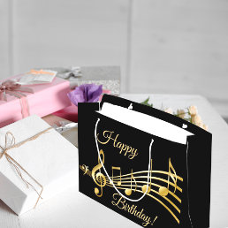 Happy Birthday black gold music notes Large Gift Bag