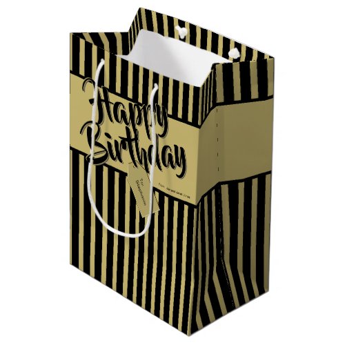 Happy Birthday BlackGold Simple Stripes Pattern Medium Gift Bag