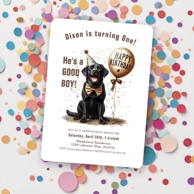 Happy Birthday Black Labrador Balloon Custom Invitation (black labrador happy birthday balloon party hat confetti invitation)