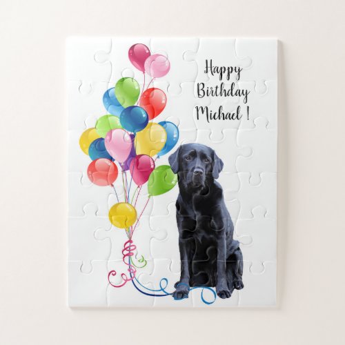 Happy Birthday Black Labrador Balloons _ Cute Dog Jigsaw Puzzle