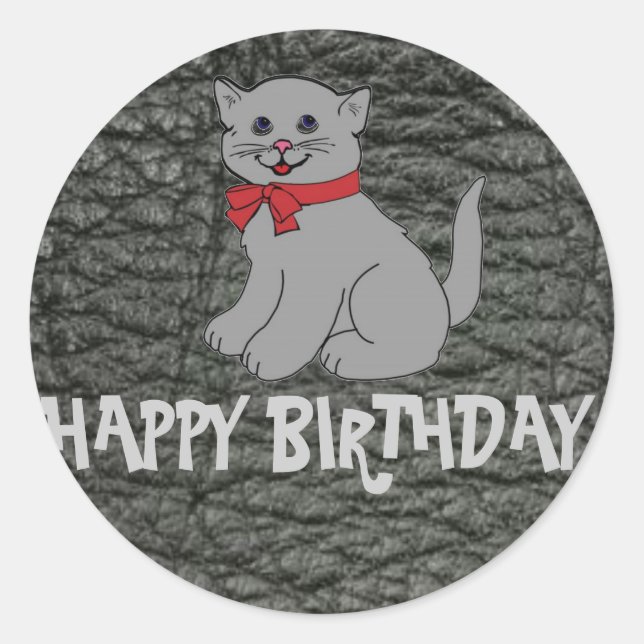 Happy Birthday Black Leather Effect Classic Round Sticker (Front)