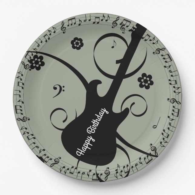 Happy Birthday Black Music Notes Guitar Flowers Paper Plates (Front)