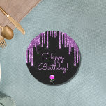 Happy birthday black purple glitter sparkle pink classic round sticker<br><div class="desc">A classic elegant black background decorated with dark purple colored faux glitter drips,  paint dripping look and a small pink rose.  With the text: Happy Birthday! written with a modern hand lettered style script.  Purple letters.</div>