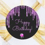 Happy birthday black purple glitter sparkle pink classic round sticker<br><div class="desc">A classic elegant black background decorated with dark purple colored faux glitter drips,  paint dripping look and a small pink rose.  With the text: Happy Birthday! written with a modern hand lettered style script.  Purple letters.</div>