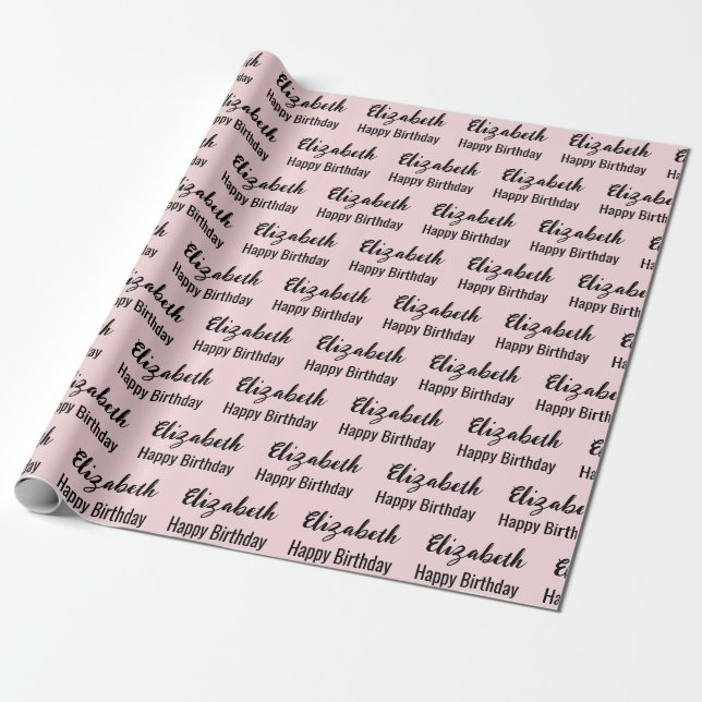 Happy Birthday Black Script Name Light Pink Wrapping Paper (Unrolled)